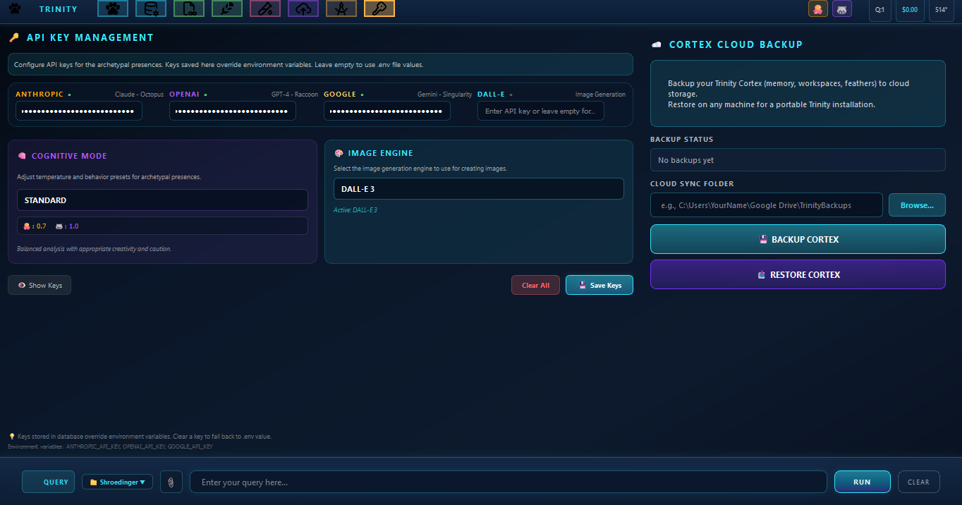 API Key Management panel showing configuration for multiple cognitive archetypes, cognitive mode selection, and cloud backup functionality
