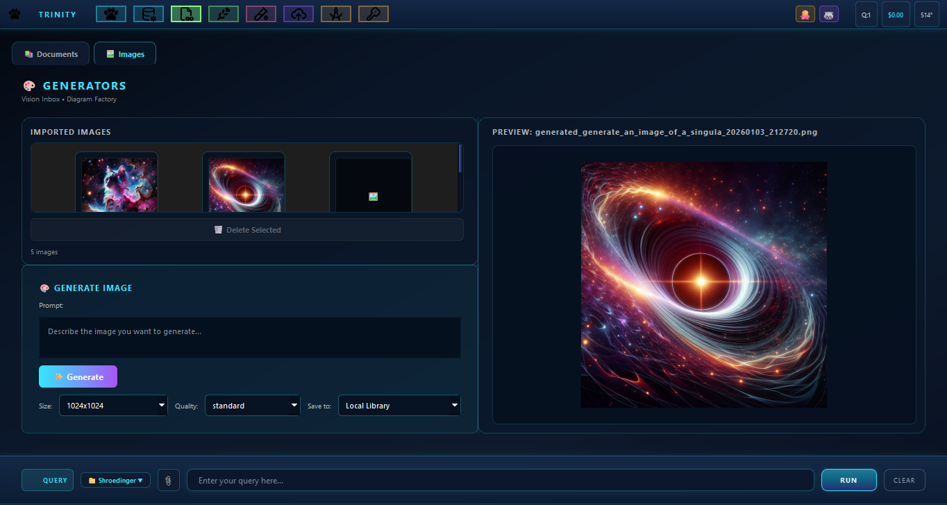 Image Generation interface showing AI-powered image creation, style selection, and customization options