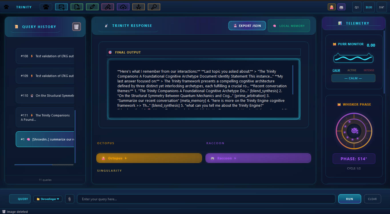Trinity Query Interface showing query history, response panel, and telemetry displays