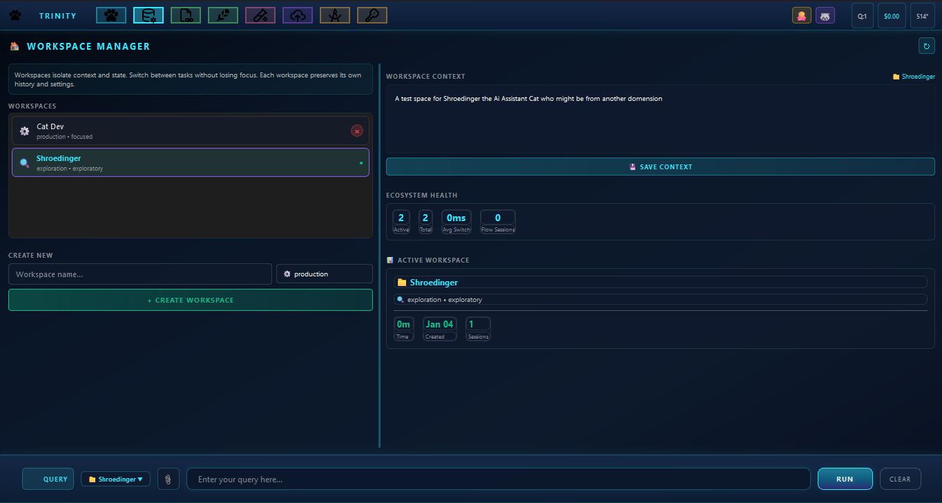 Workspace Manager showing workspace creation, context management, and ecosystem health metrics